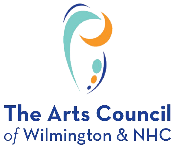 Logo for The Arts Council of Wilmington & NHC, with blue and teal abstract figure and orange crescent