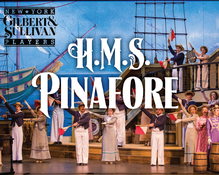Cast of H.M.S. Pinafore performing on a ship deck set, with bold title text over the stage scene.