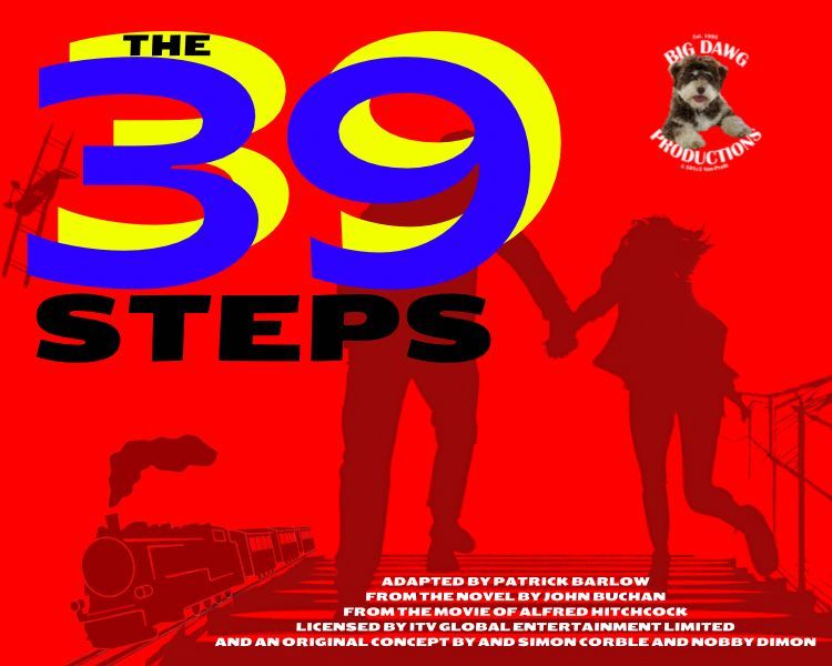 Red poster reading “The 39 Steps” with large blue and yellow title over black silhouettes.