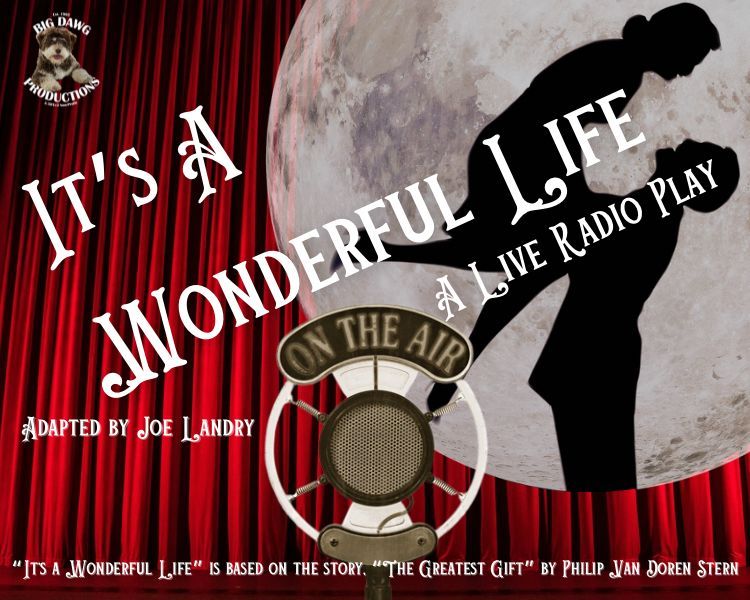 Vintage poster for “It’s a Wonderful Life” radio play with red curtain, microphone, and dancing silhouettes