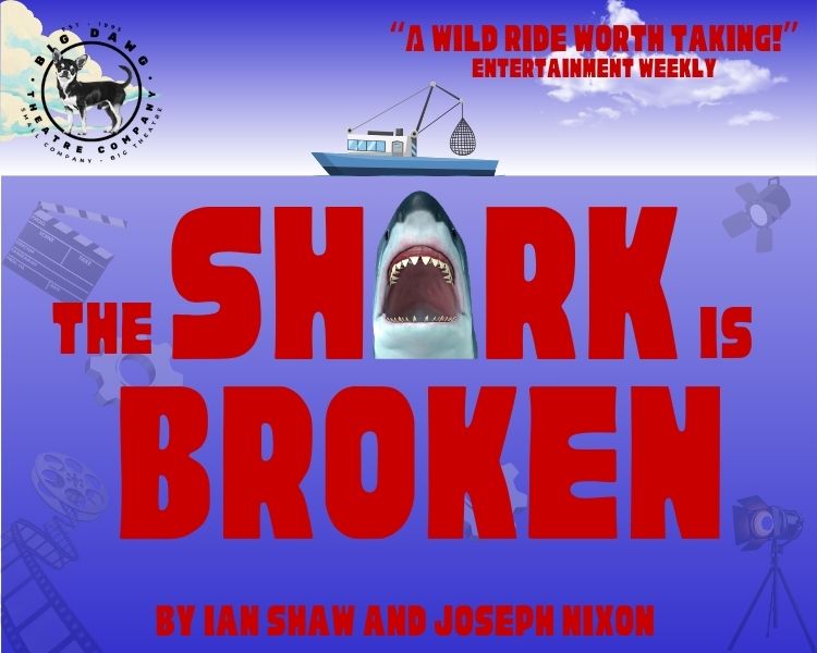 Poster for The Shark Is Broken, with a shark fin and open jaws on a blue background