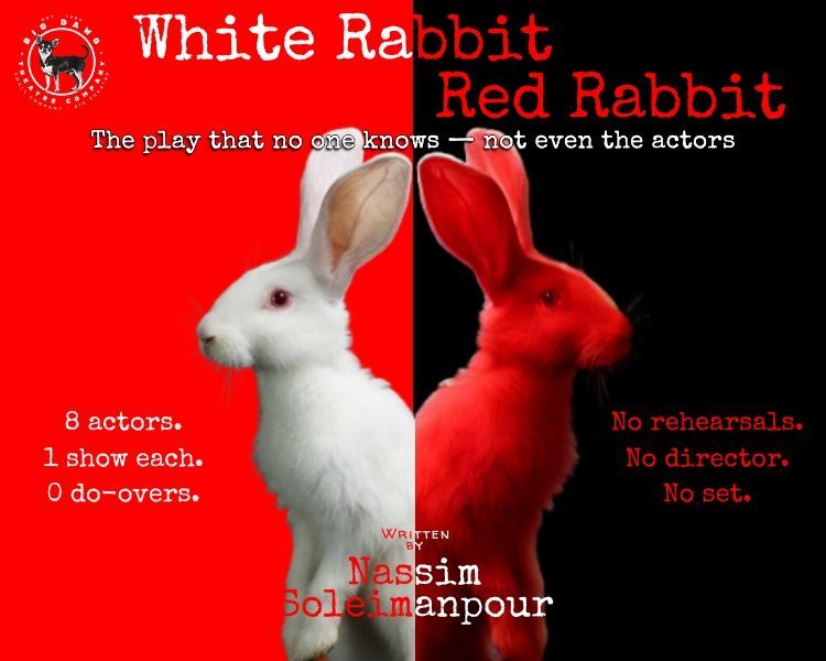 Red poster for White Rabbit, Red Rabbit with two rabbits and play details on black background.