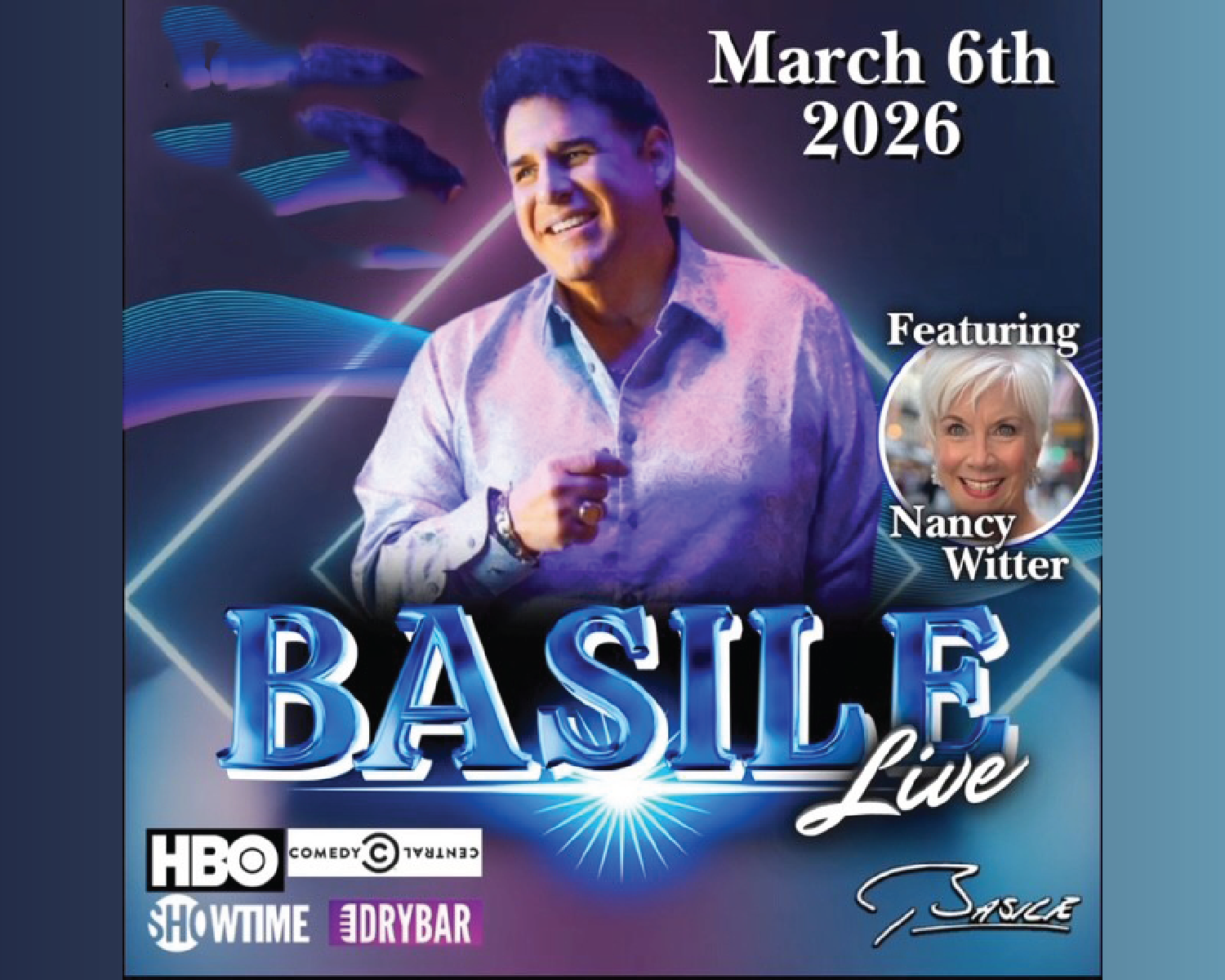 Promotional poster for Basil Live, March 6th 2026, featuring Nancy Witter on a blue-purple stage background