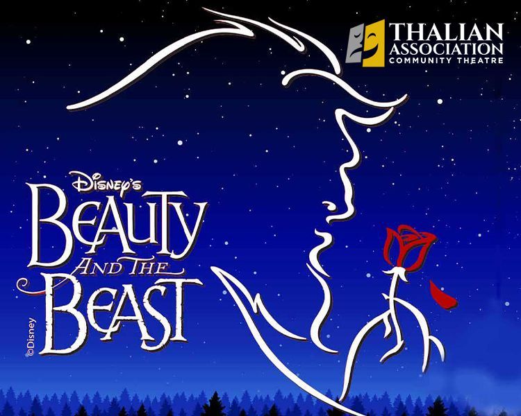 Disney’s Beauty and the Beast logo with Belle and the Beast outline on a blue starry background