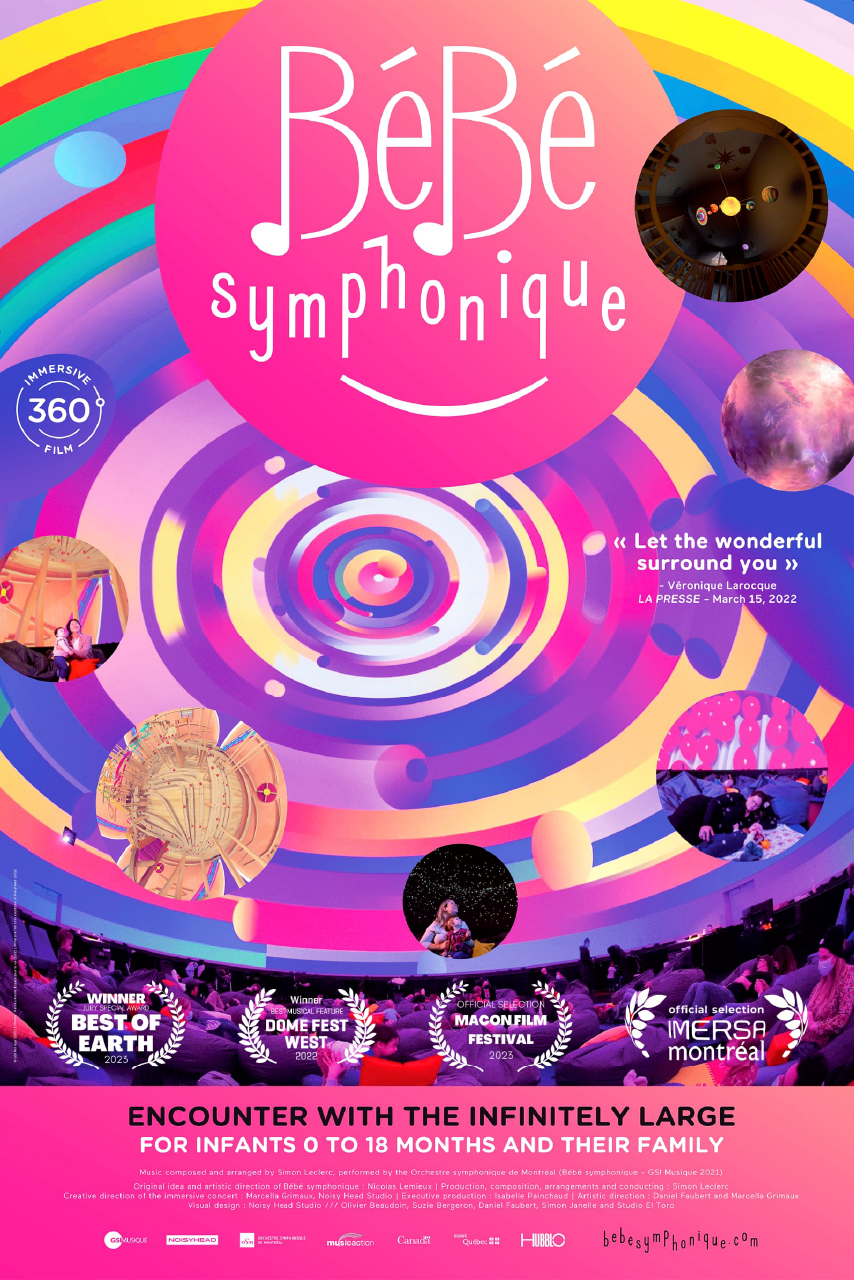 Bright pink and purple “Bébé Symphonique” event poster with swirling circles and rainbow accents