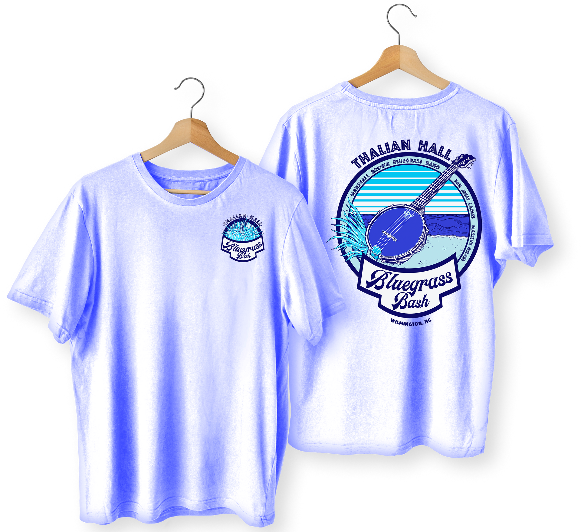 Two lavender graphic T-shirts on hangers, front and back views, with blue circular surf-style print