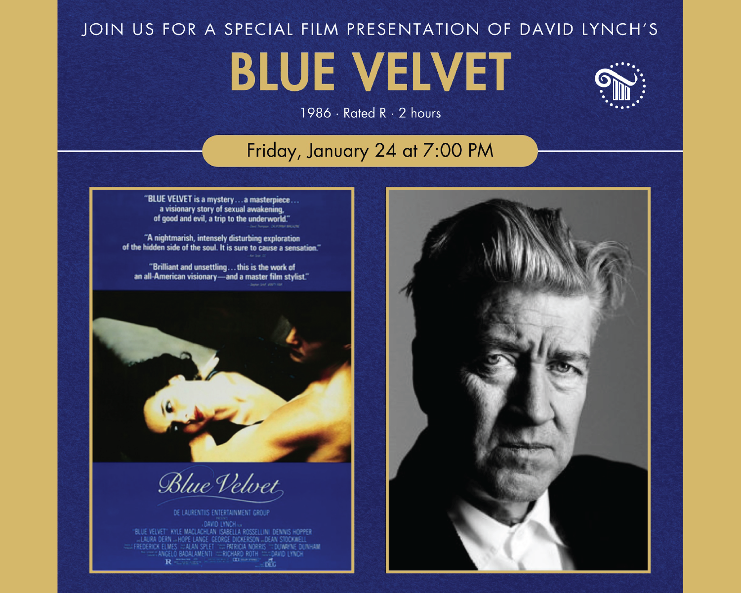 Poster for a special film presentation of David Lynch's Blue Velvet, with movie stills and a portrait of Lynch.