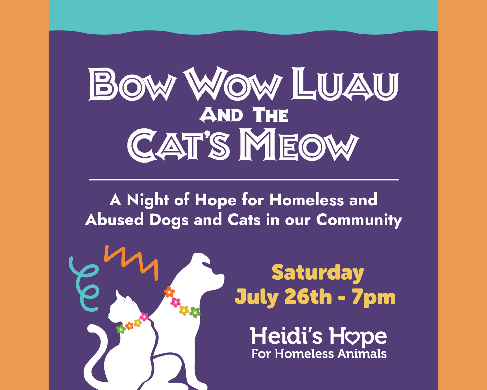 Poster for “Bow Wow Luau and the Cat’s Meow,” a pet fundraiser, with white dogs and cats on purple background.
