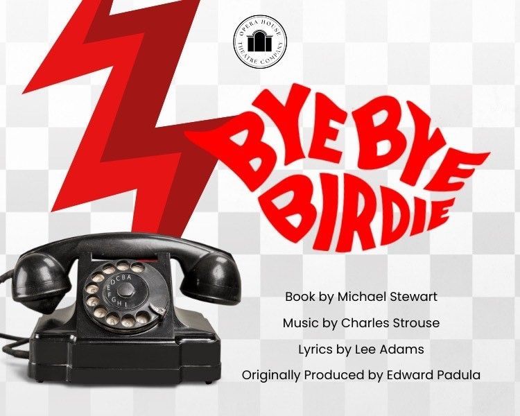 Bye Bye Birdie poster with red lightning bolt, black rotary phone, and bold red title text