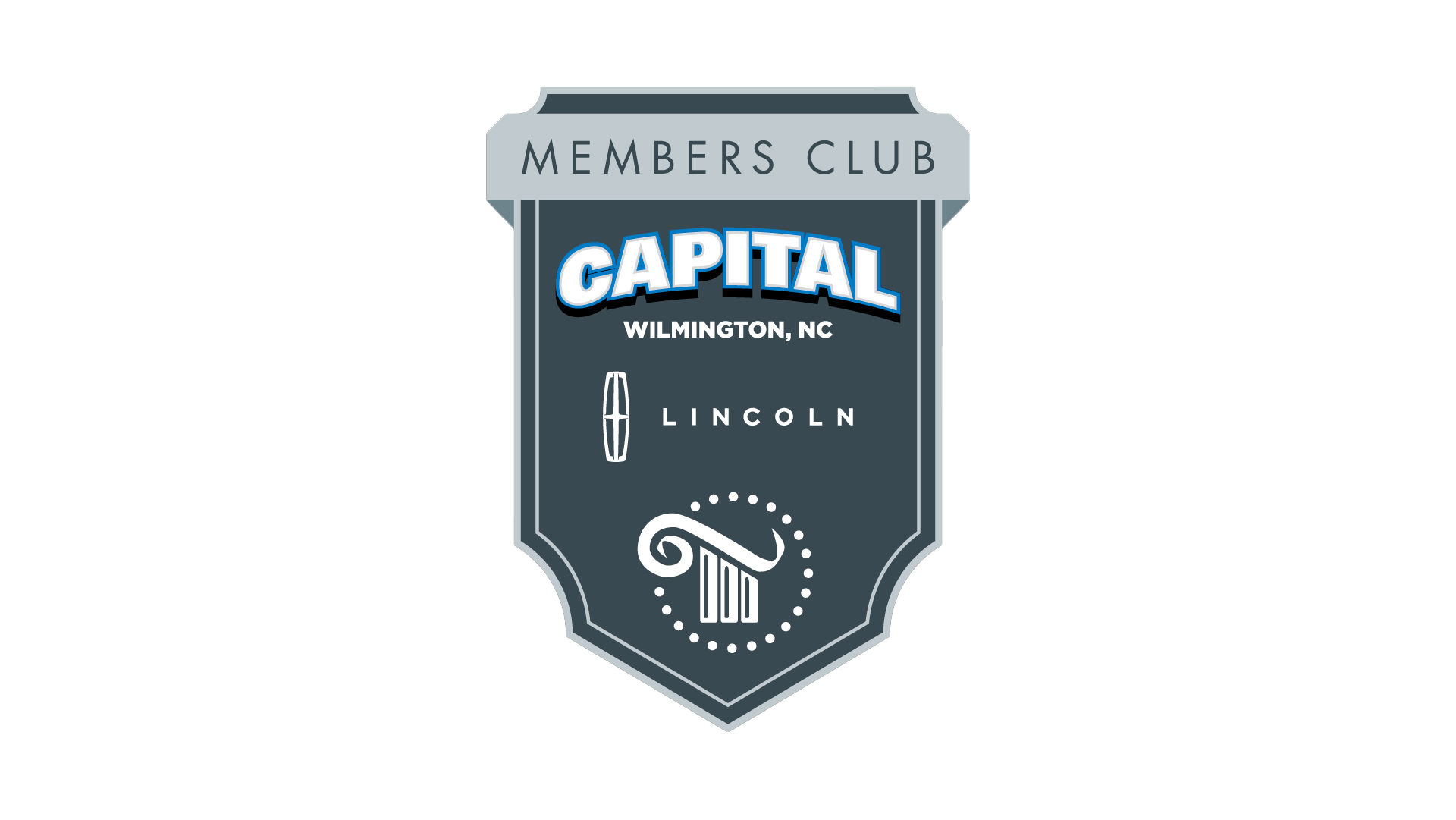 Blue and gray Members Club shield logo reading “CAPITAL” with Lincoln text and a guitar icon