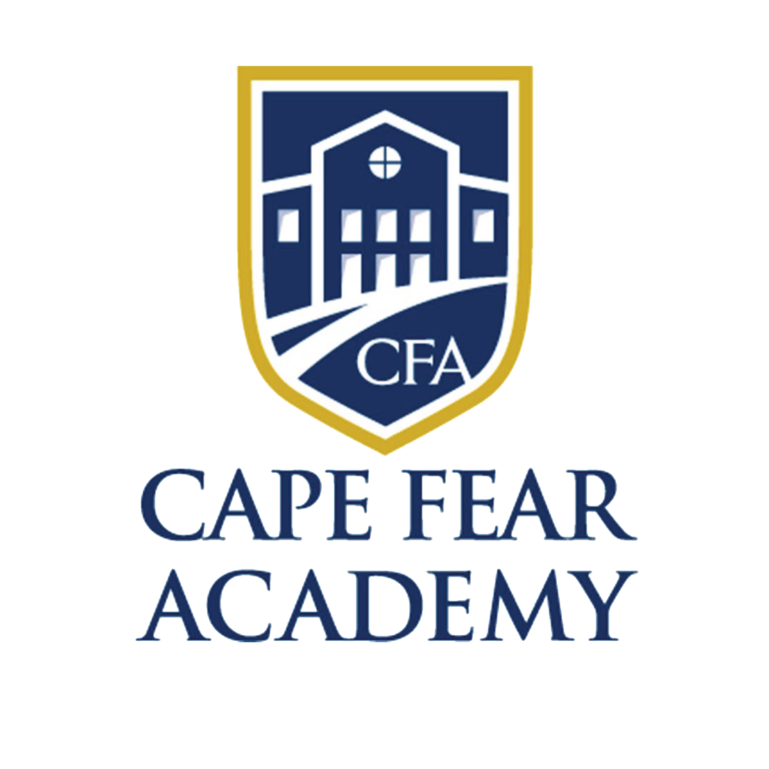 Cape Fear Academy logo in navy and gold with a shield and building icon.