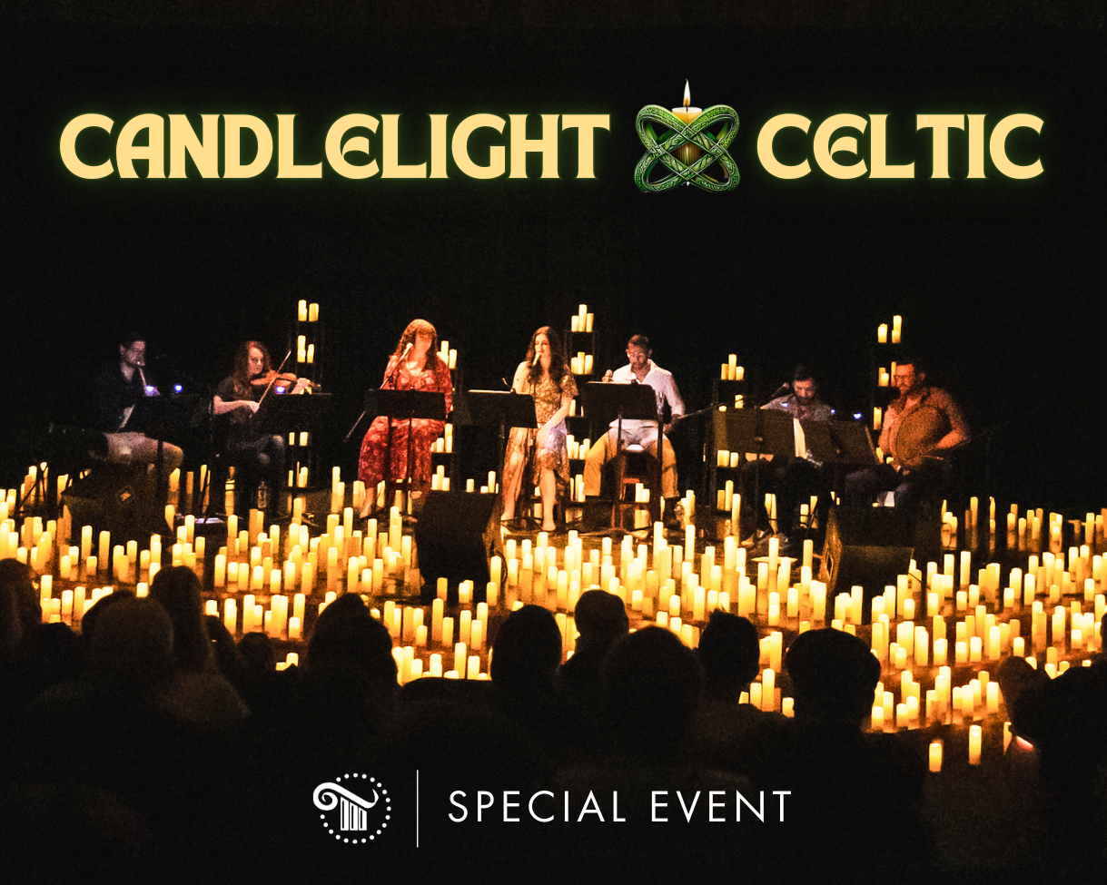 Candlelight Celtic concert stage with musicians performing amid glowing candles, special event poster
