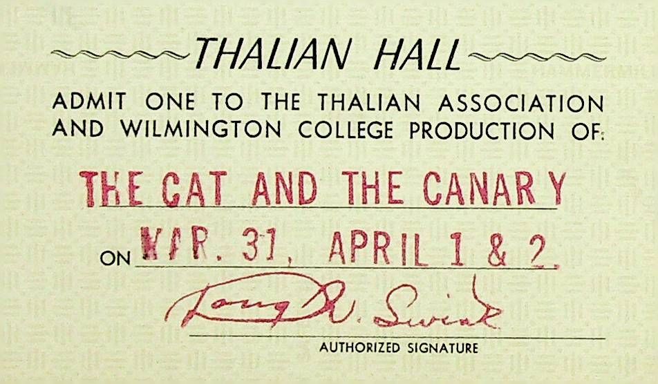 Thalian Hall admission ticket for The Cat and the Canary, red text on aged cream paper.