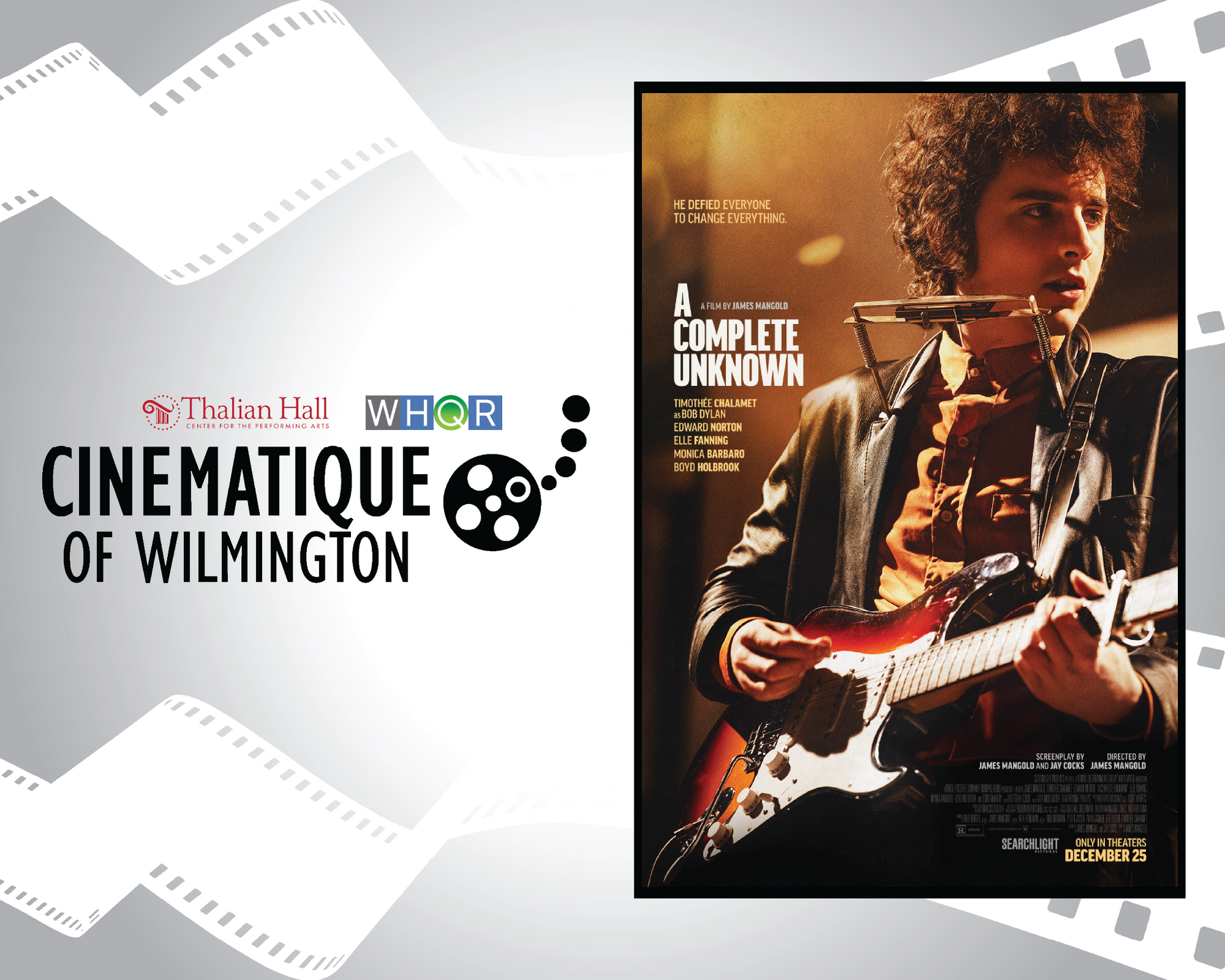 Cinematique of Wilmington logo beside a movie poster of a guitarist on a warm-toned stage