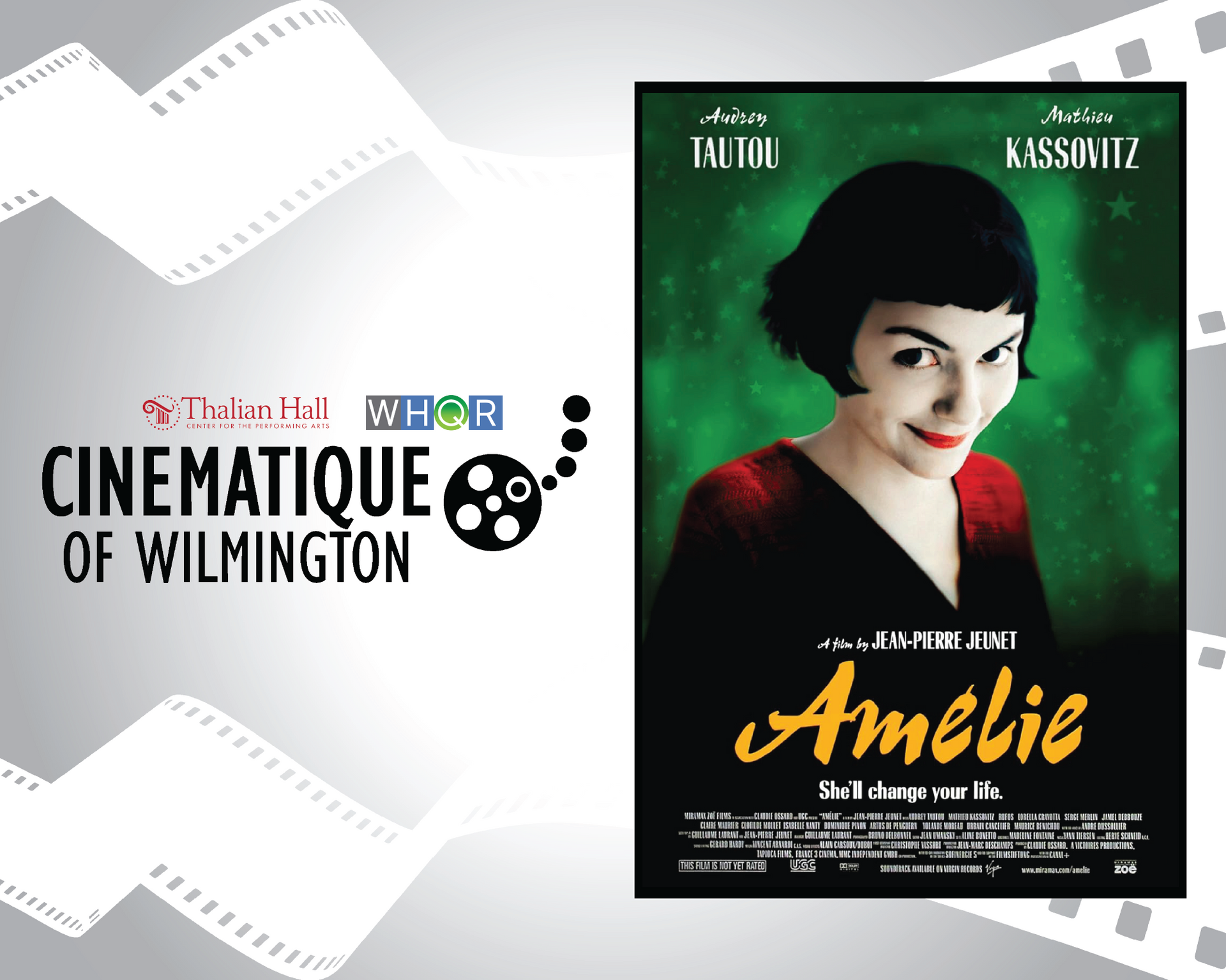 Cinématique of Wilmington logo beside an Amélie movie poster with green background and a woman’s portrait