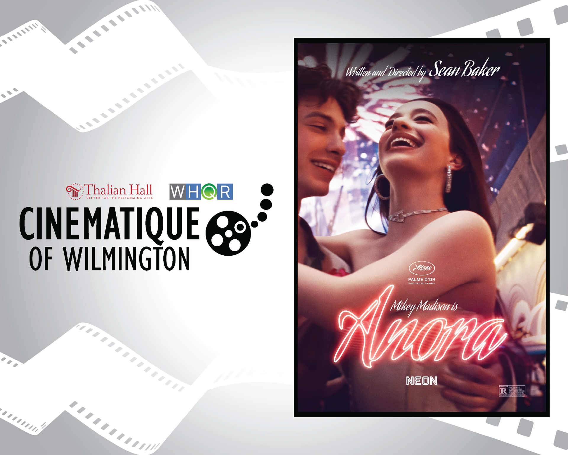 Cinematique of Wilmington logo beside a promotional poster with a smiling woman in a red dress at night