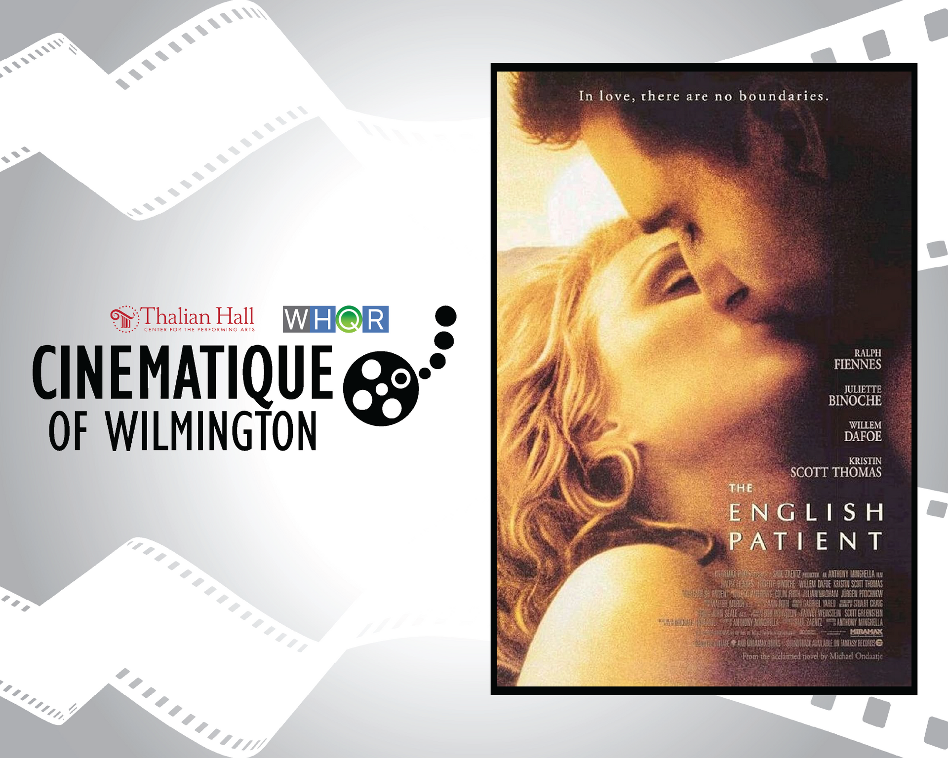 Cinema of Wilmington logo beside poster for The English Patient with a close-up kiss scene