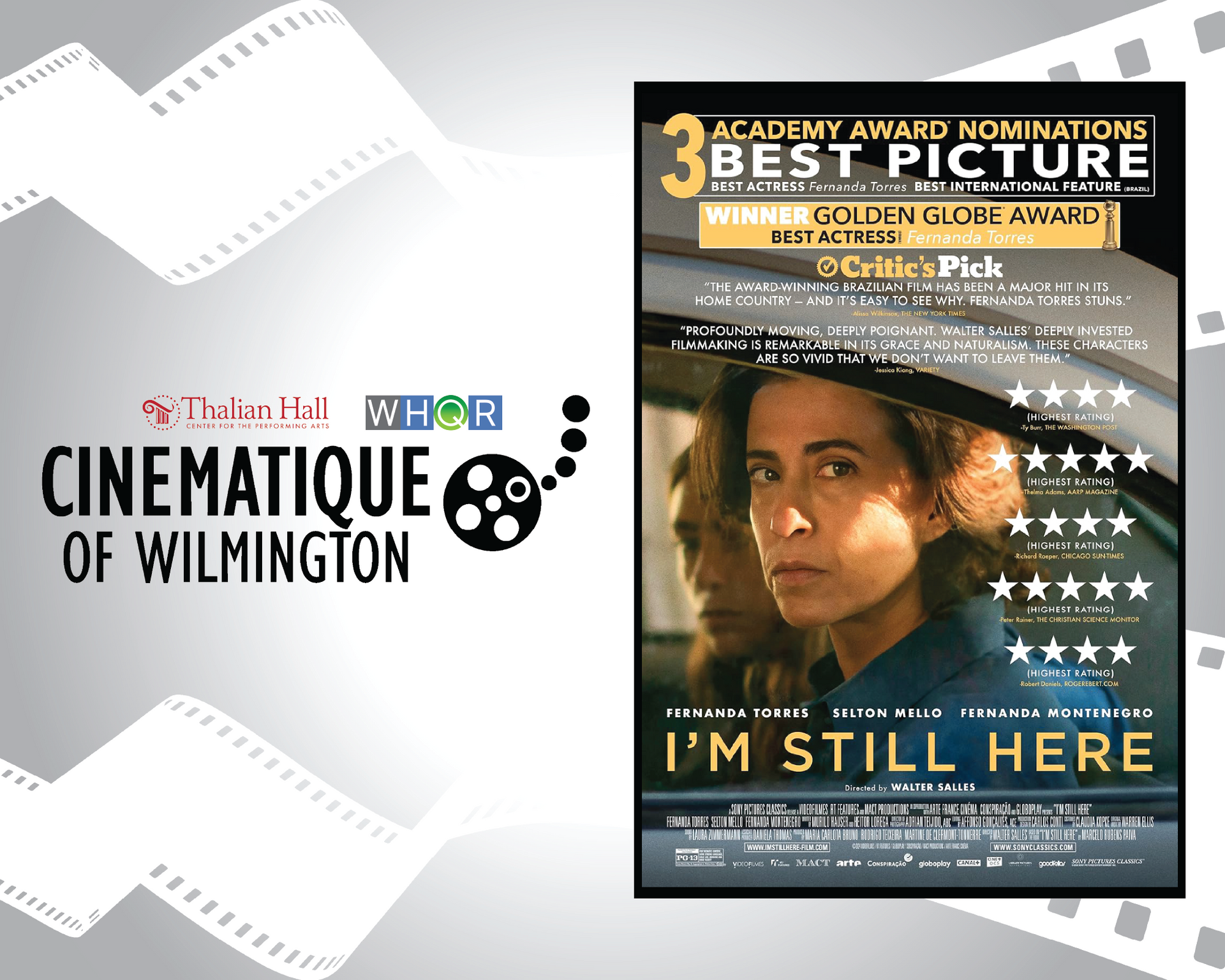 Cinémathèque of Wilmington logo beside an “I’m Still Here” film poster with awards text and a woman’s face