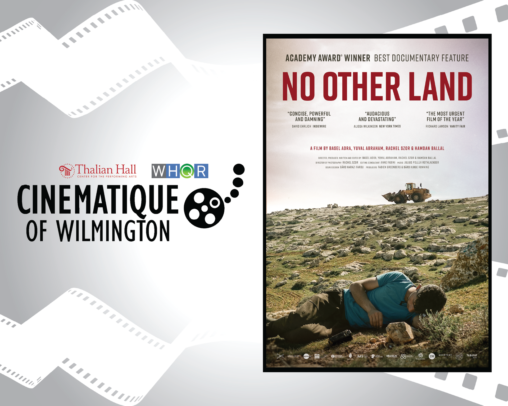 Cinémathèque of Wilmington poster for No Other Land, showing a figure in a rocky landscape