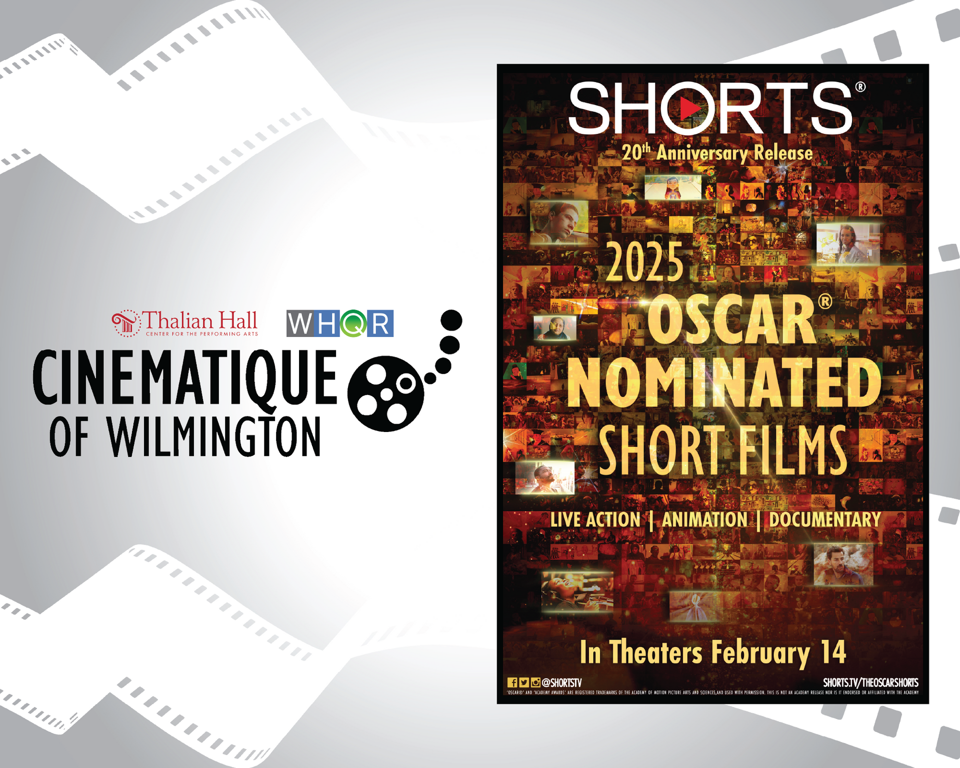 Cinematique of Wilmington logo beside “Shorts: 2025 Oscar Nominated Short Films” poster on white background