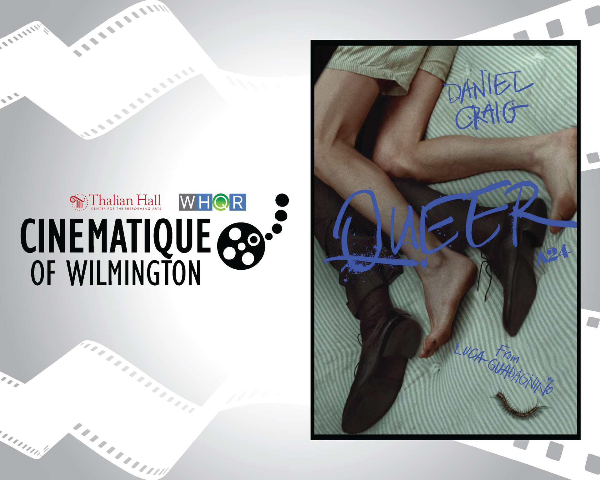 Cinematique of Wilmington logo beside a film poster with blue graffiti over three seated figures