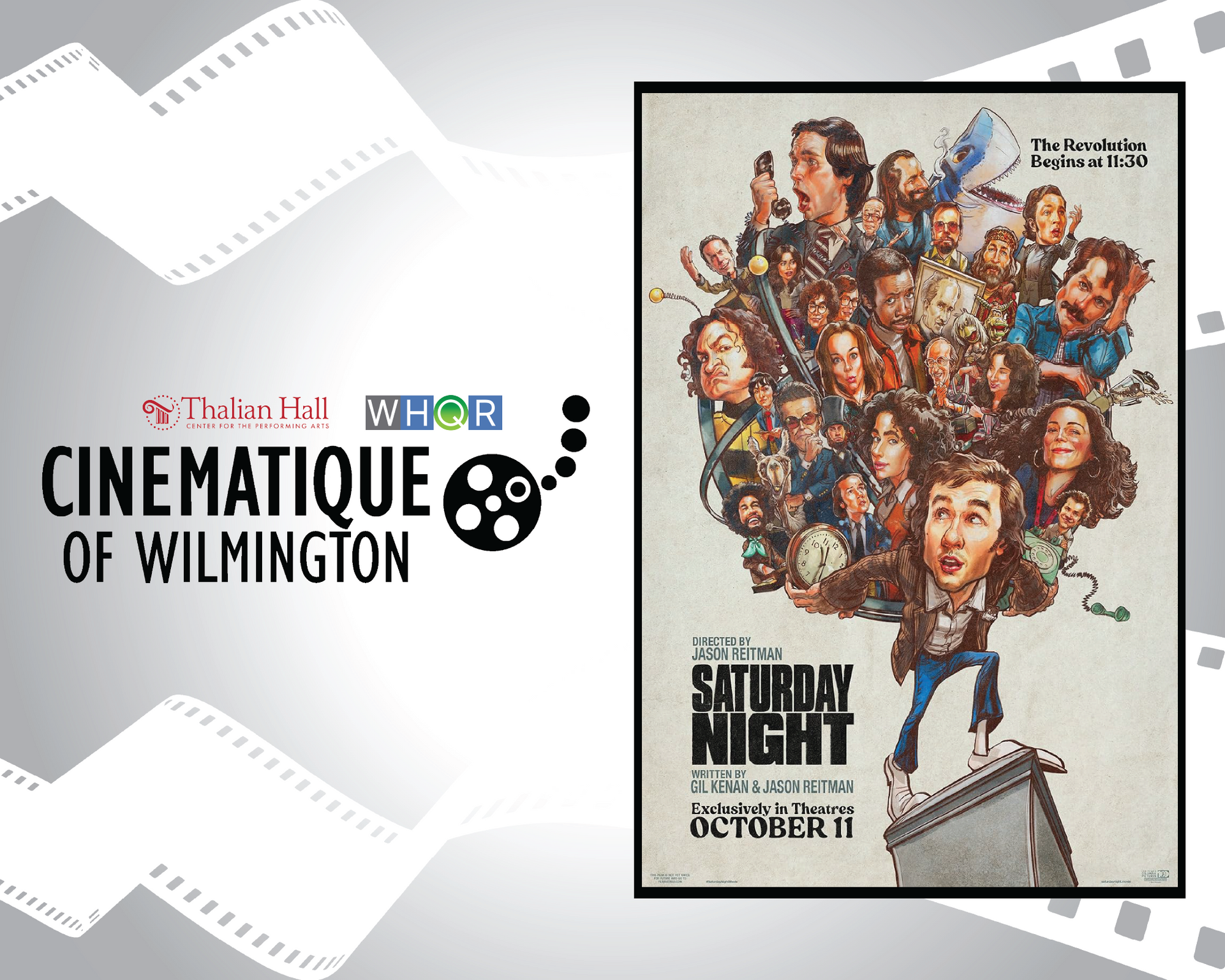 Wilmington Cinematique logo beside a Saturday Night movie poster on a filmstrip background