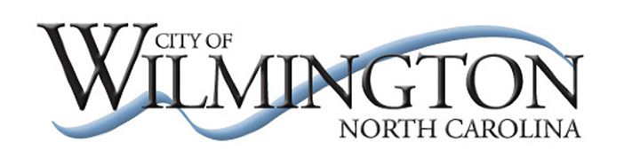 Wilmington, North Carolina city logo with stylized black text and a blue wave arc