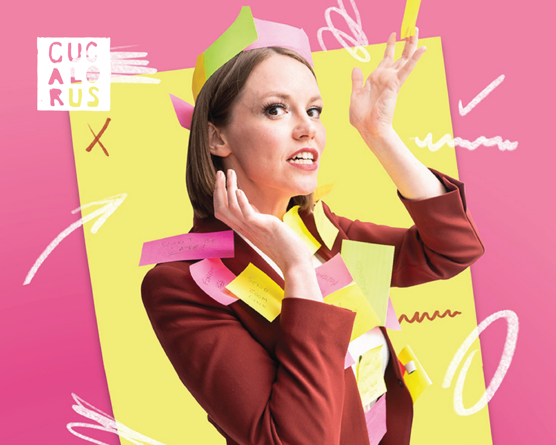 Woman posing against a pink-and-yellow graphic background with playful doodles and text.