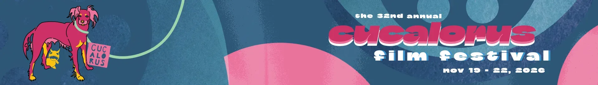 Santa Monica Film Festival banner with pink logo on a blue-purple abstract background