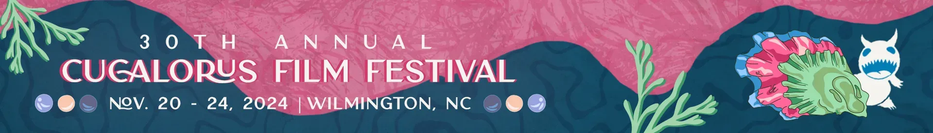 Cucalorus Film Festival banner with floral illustrations and festival dates in Wilmington, NC