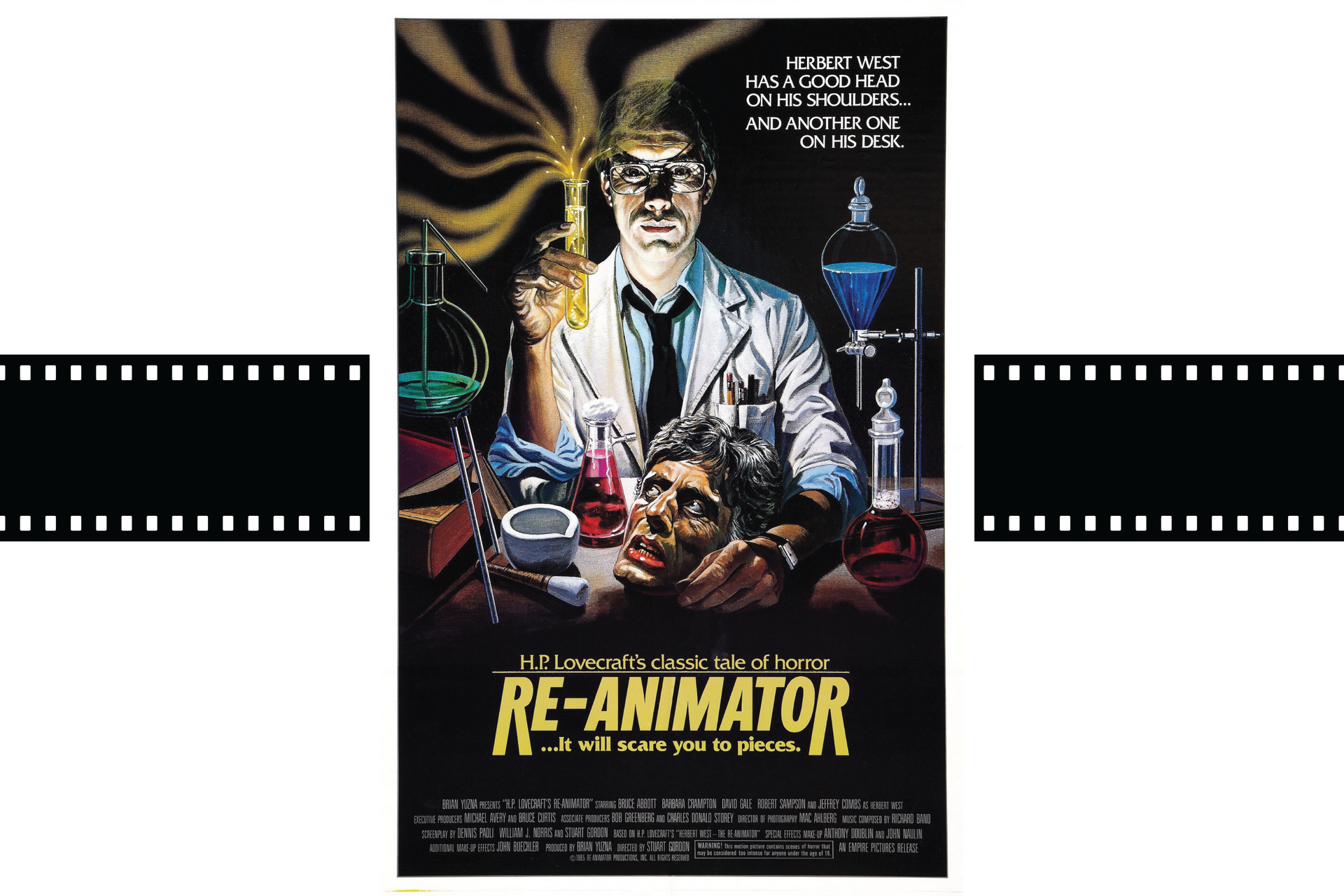 Re-Animator movie poster with a scientist in a lab, glowing green fluid, and horror imagery