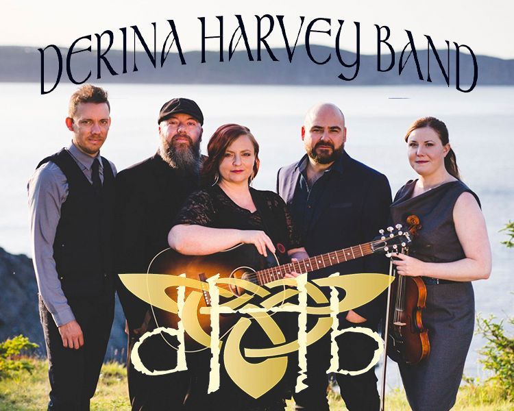 Derina Harvey Band posed outdoors against a sunset sky, with band name text overlaid.