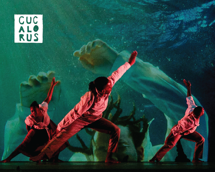 Three red-clad dancers in dynamic poses against a teal underwater-like backdrop with the CUCLORUS logo.
