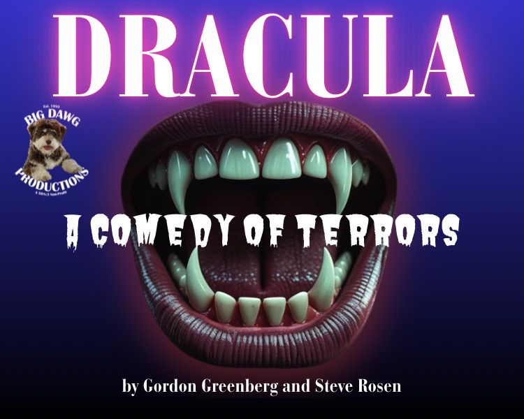 Dracula poster with fanged mouth and title “A Comedy of Terrors” on a dark blue background