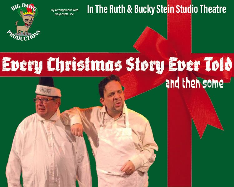 Two men in white shirts on a green Christmas show poster with a red gift bow and festive title text