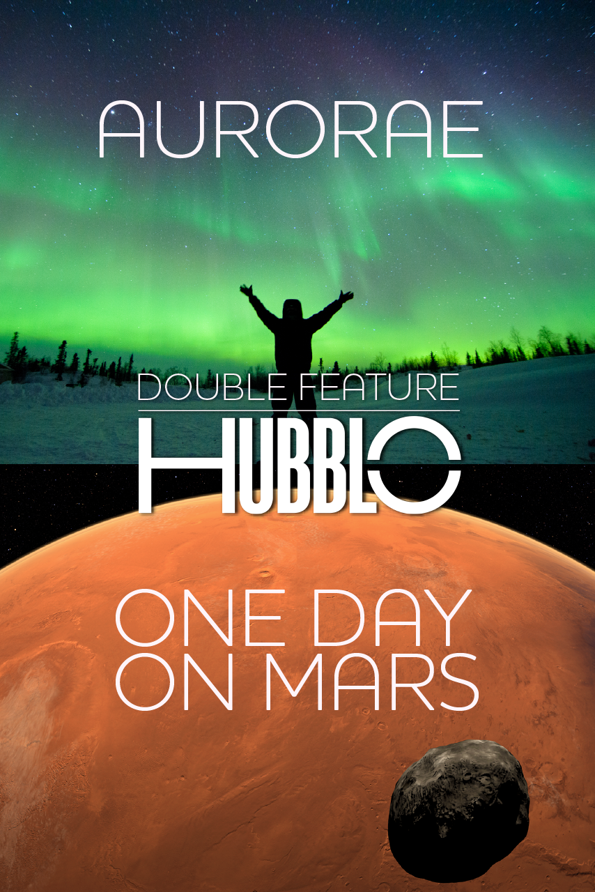 Aurora over snowy landscape with figure, and Mars with Hubble: “Double Feature” poster