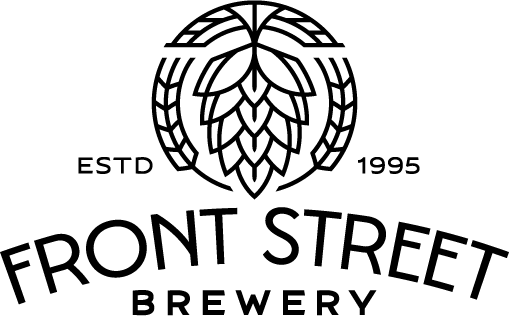 Black-and-white Front Street Brewery logo with hop emblem and “ESTD 1995” text