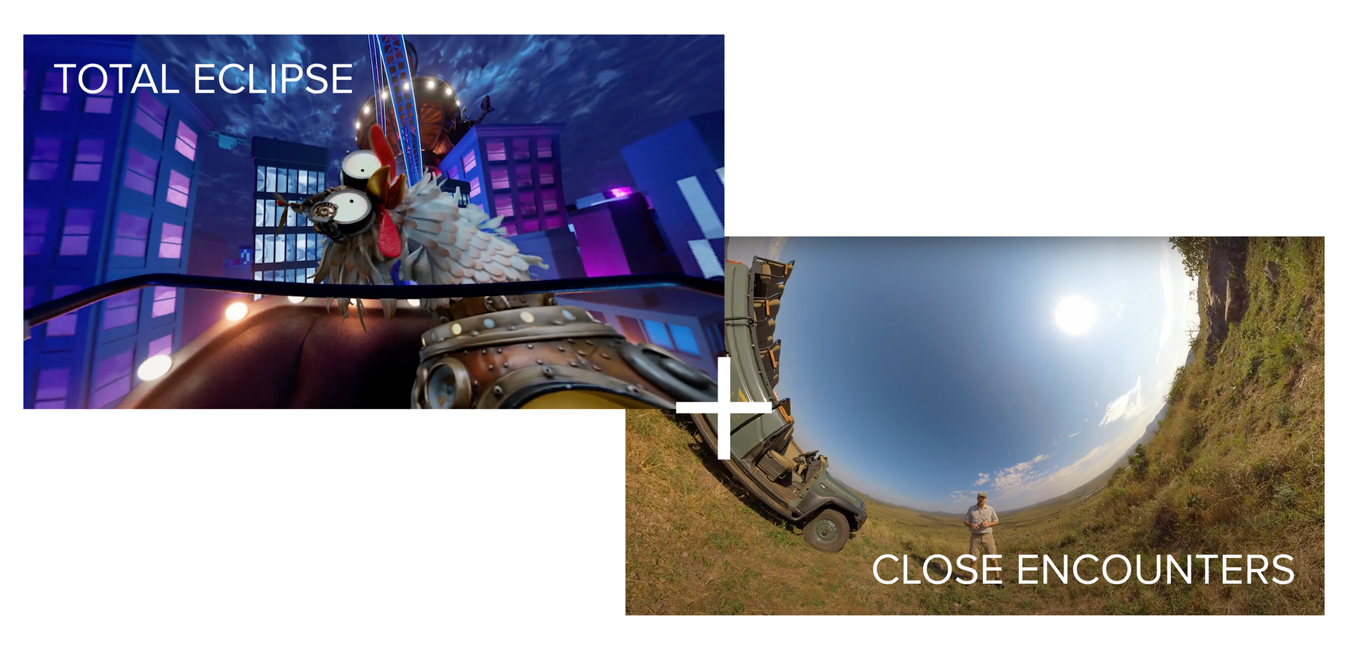 Split-screen promotional graphic: “TOTAL ECLIPSE” city scene and “CLOSE ENCOUNTERS” wide sky view