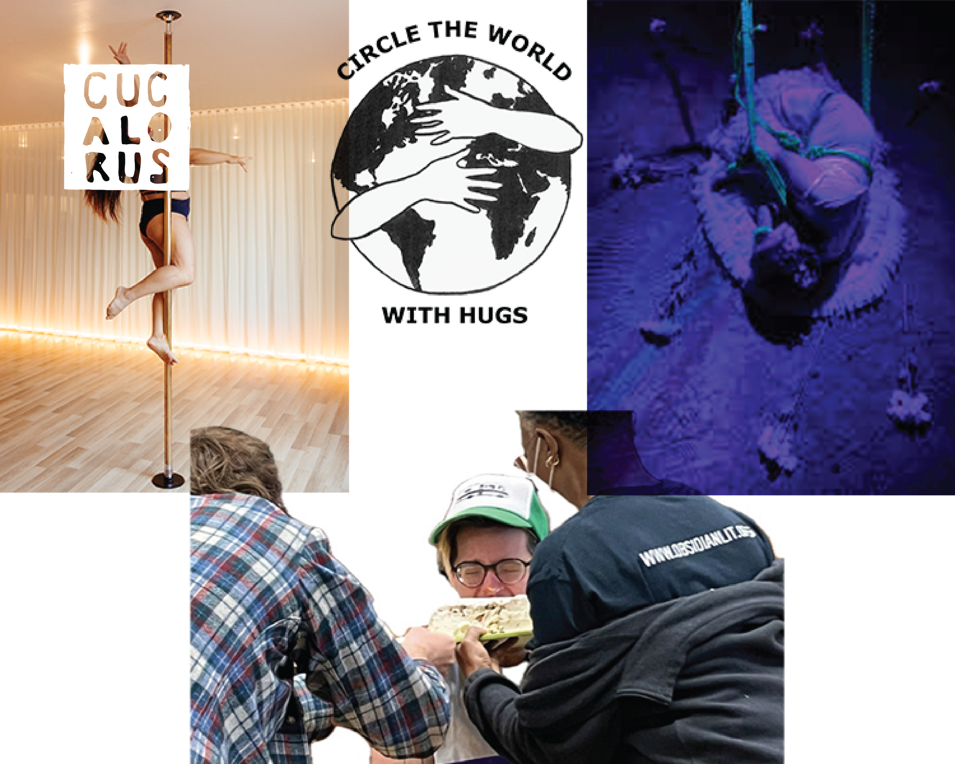 Collage of outdoor scenes: a sign reading “Circle the World with Hugs” and people working on a cable.