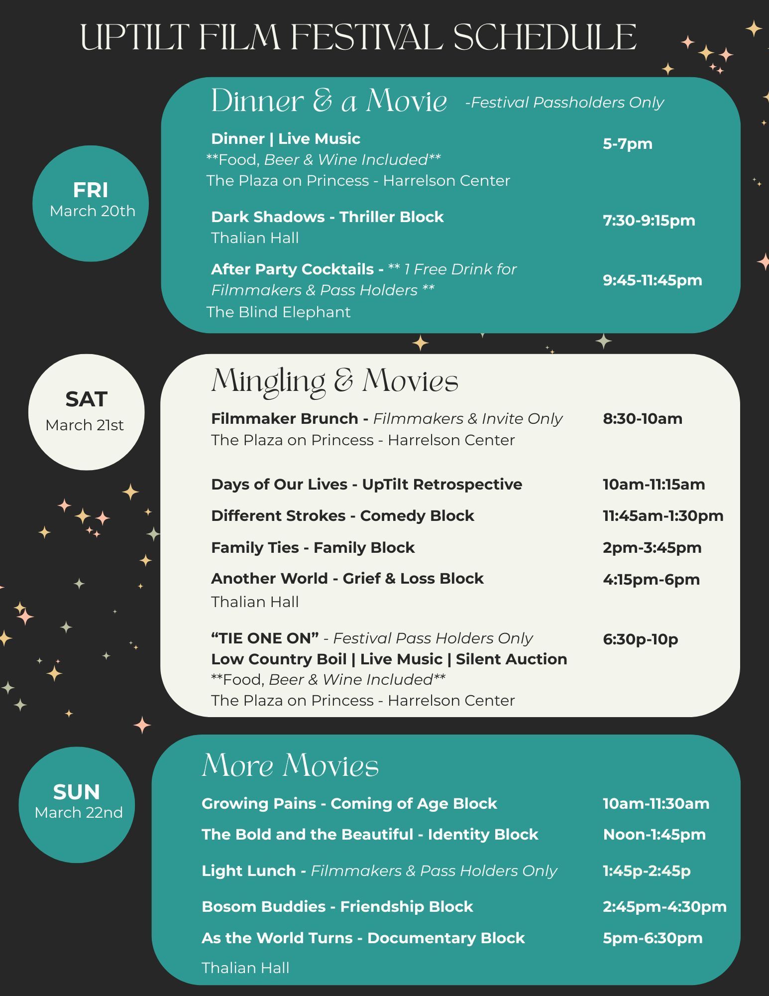 Poster-style festival schedule with teal, cream, and black panels for Fri–Sun movie screenings.
