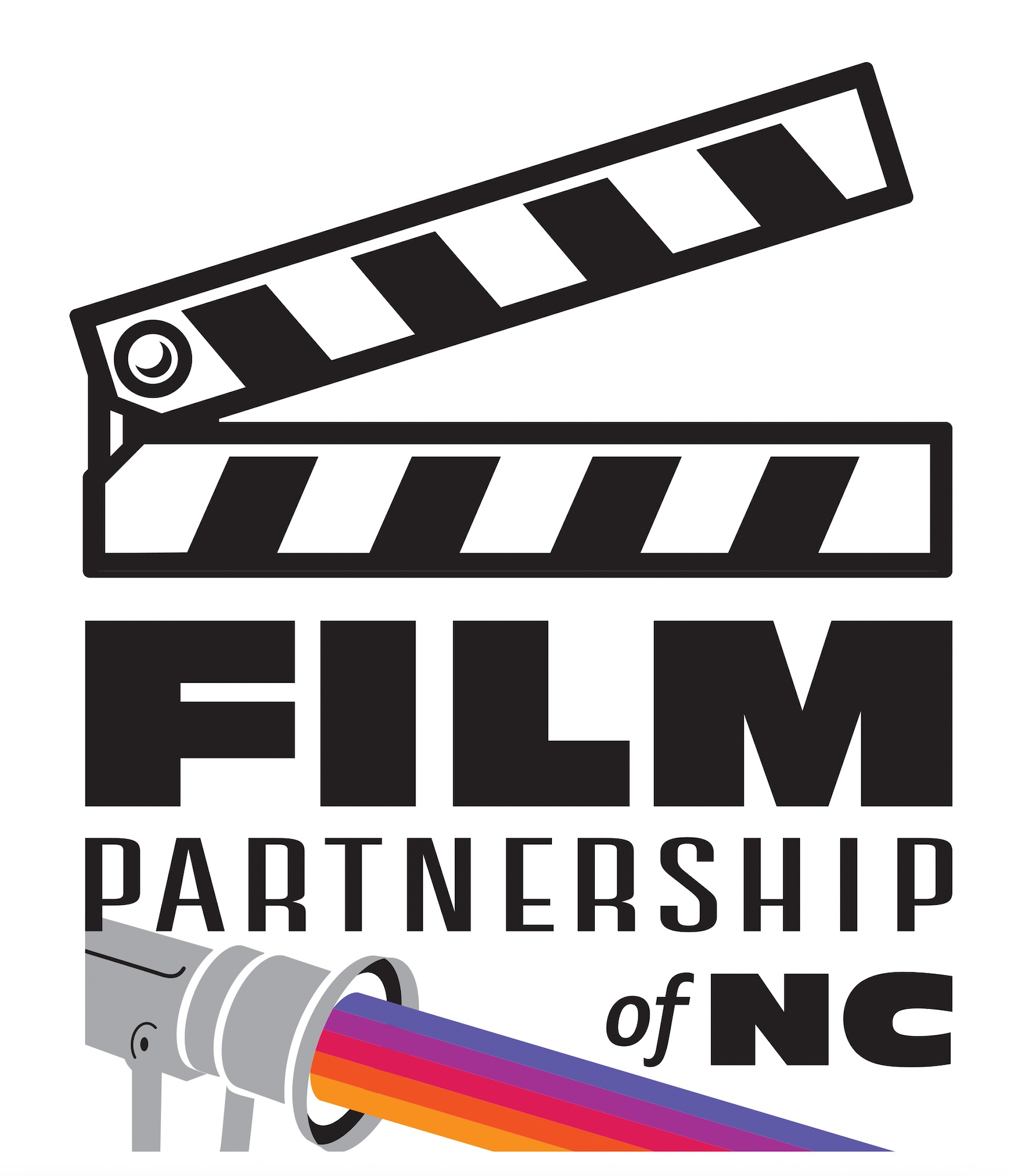 Film Partnership of NC logo with a black clapperboard and rainbow film strip.