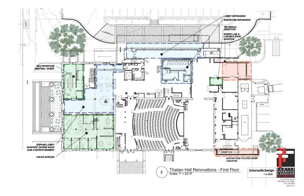 Site plan blueprint with colored highlighted areas, pathways, trees, and building layout.