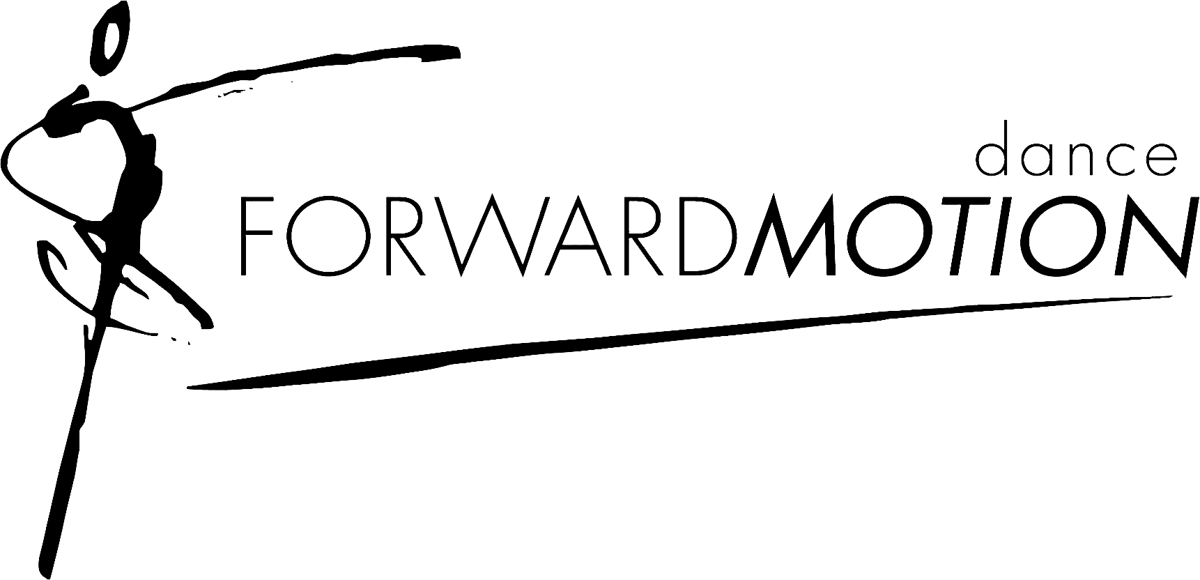 Logo for Forward Motion dance, with a black stylized dancer and text on a white background