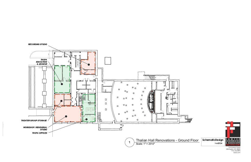 Color-coded floor plan blueprint with measurements and a small elevation sketch on white background