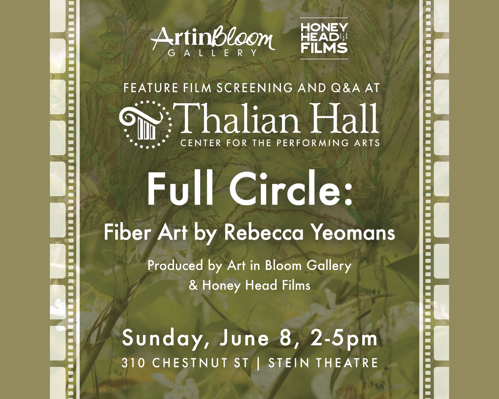 Event poster for “Full Circle: Fiber Art by Rebecca Yeomans” at Thalian Hall, June 8, 2–5 pm.