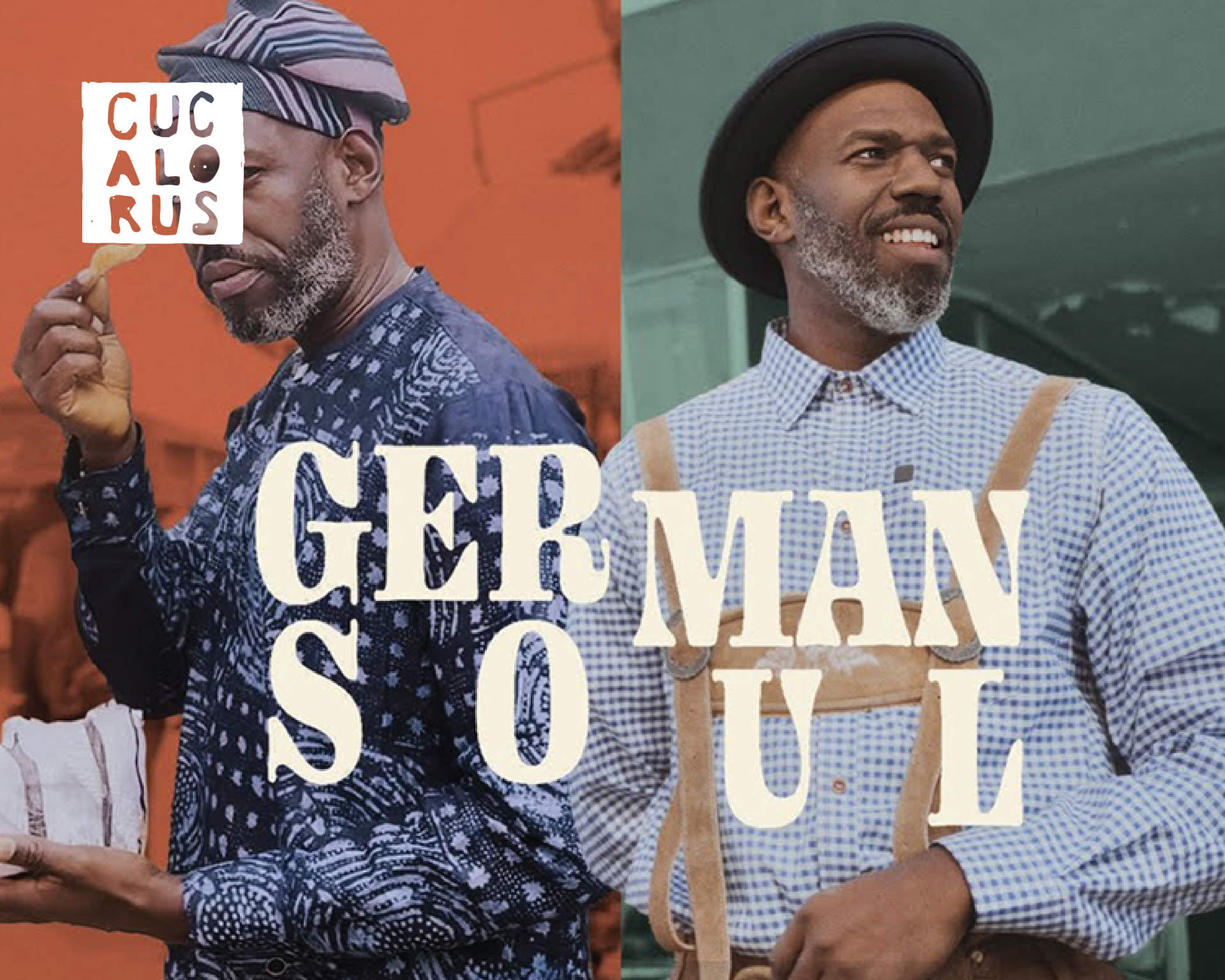 Two men smiling in patterned shirts and hats, holding a cup; bold text reads “GERMAN SOUL.”