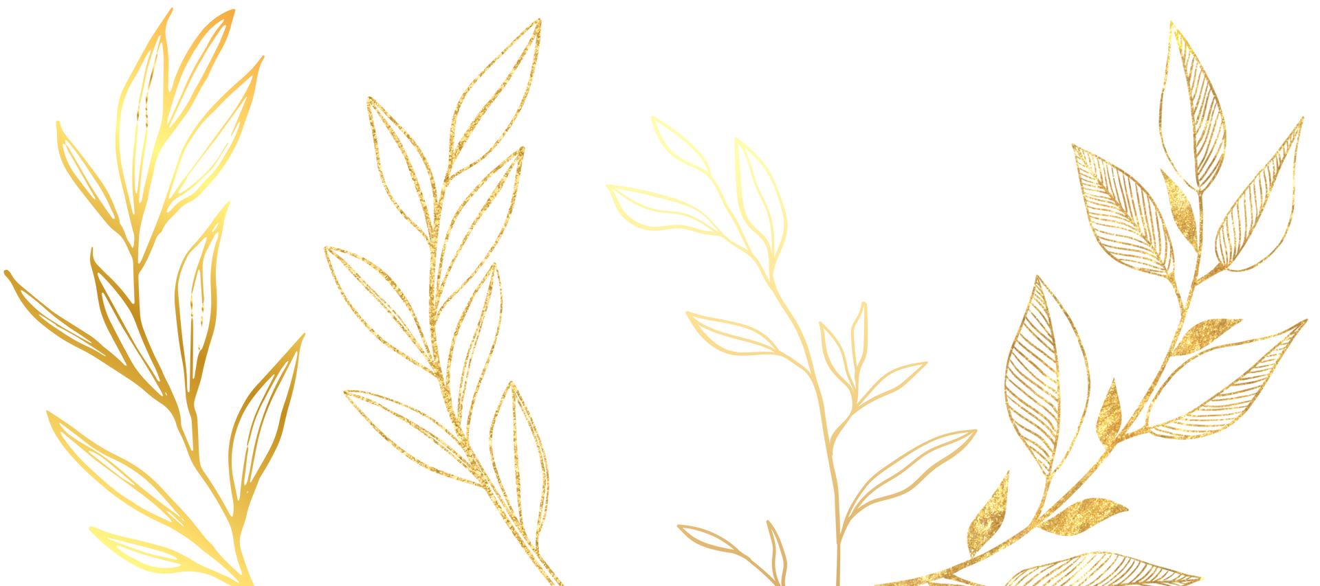 Delicate gold leaf branches on a white background, forming a light floral border at the bottom and sides