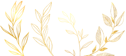 Delicate gold leaf branches on a white background, forming a light floral border at the bottom and sides