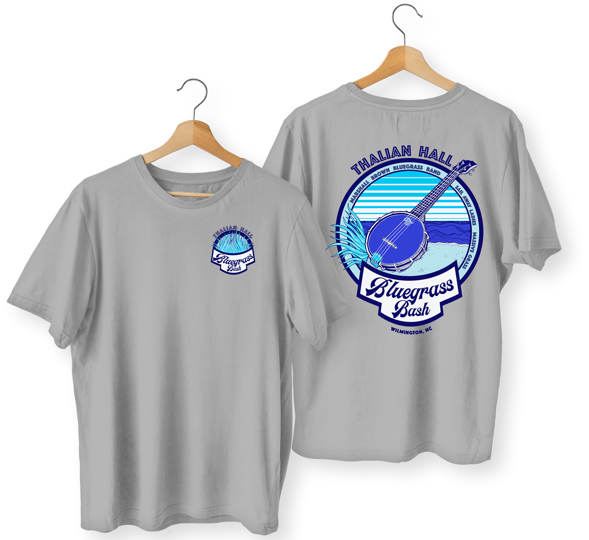Two gray T-shirts on hangers, front and back, with blue Hawaii-themed ocean graphics.