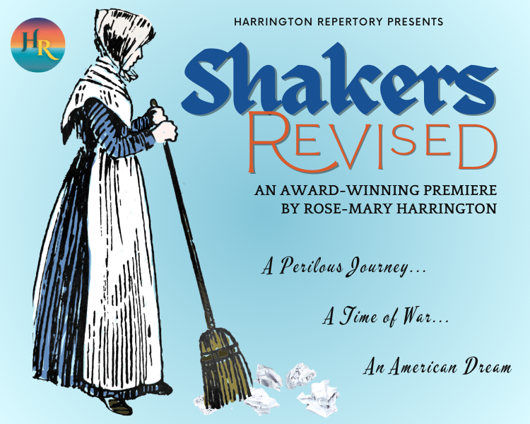 Poster for “Shakers Revisited” with a blue background and a Shaker woman in white holding a broom.